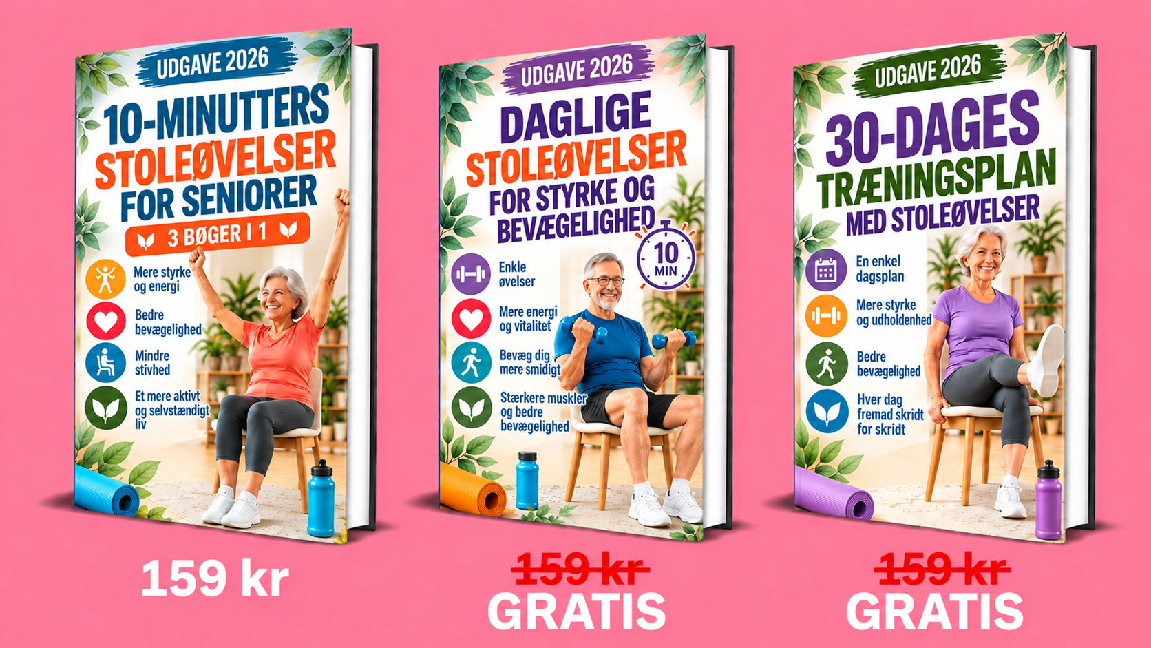 10-Minutters Stoleøvelser for Seniorer – 3 Bøger i 1