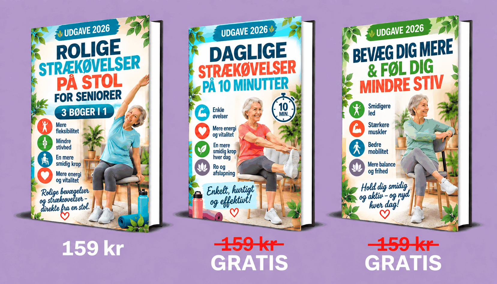 Rolige Strækøvelser på Stol for Seniorer – 3 Bøger i 1