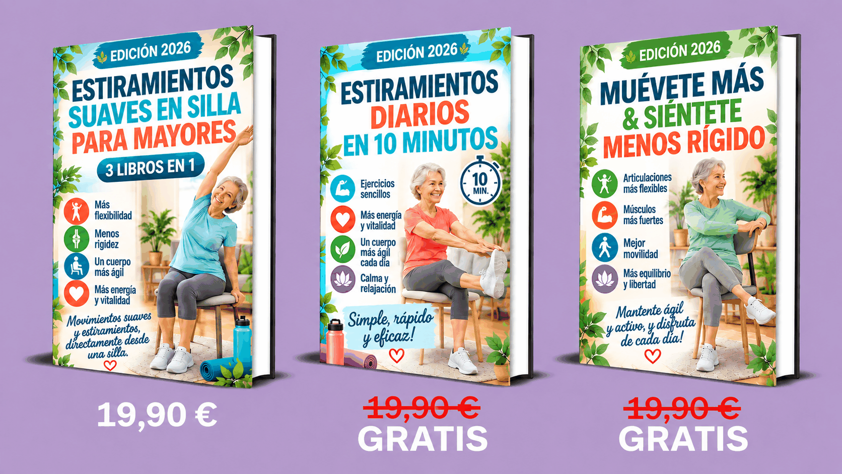 Estiramientos Suaves en Silla para Mayores – 3 Libros en 1
