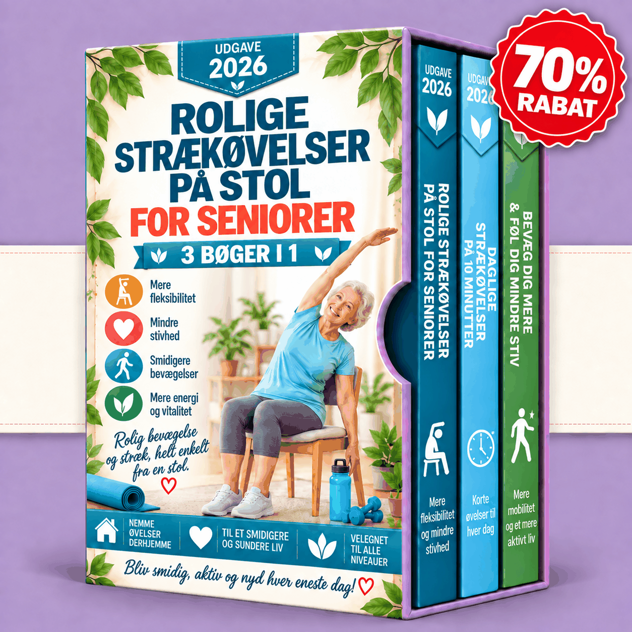 Rolige Strækøvelser på Stol for Seniorer – 3 Bøger i 1