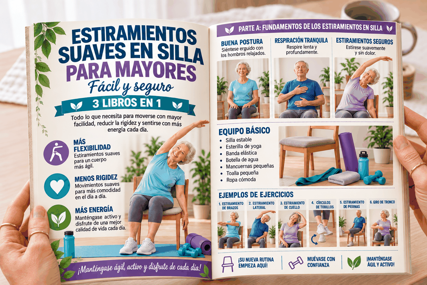 Estiramientos Suaves en Silla para Mayores – 3 Libros en 1